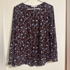 LOFT Women's Floral Top - Deep Purple and Light Blue Size Small